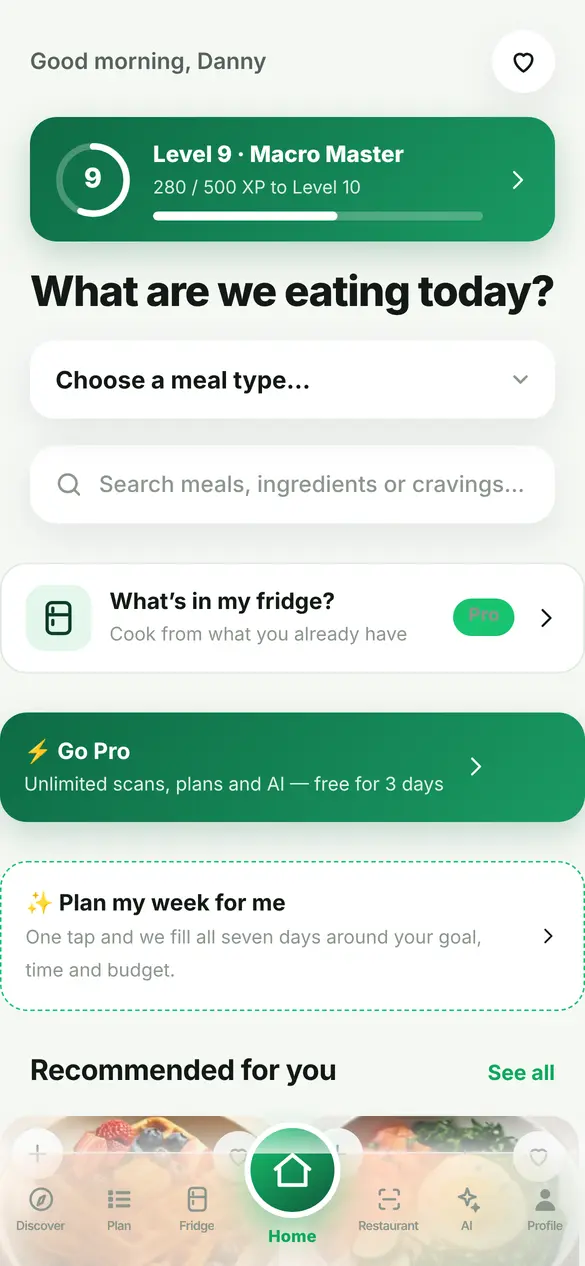 The Fitgredients home screen
